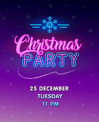 Christmas party invitation. Glowing neon sign. Vector invitation poster, banner, illustration. Glowing text with neon snowflake sign on night winter background with snow. Merry christmas.