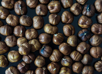 Obraz premium hazelnuts, photo on a dark surface