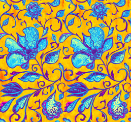 Paisley watercolor floral pattern tile:  flowers, flores, tulips, leaves. Oriental indian traditional hand painted water color whimsical seamless print, ceramic design. Abstract india batik background