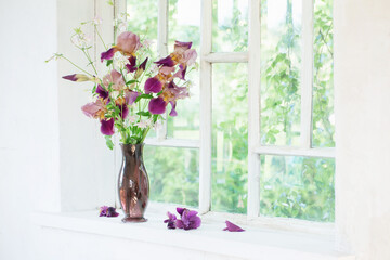 iris flowers in glass vase on white old windowsill