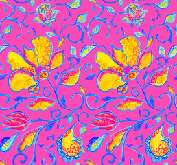 Paisley watercolor floral pattern tile:  flowers, flores, tulips, leaves. Oriental indian traditional hand painted water color whimsical seamless print, ceramic design. Abstract india batik background