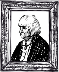 Sketch portrait of old intelligent woman in decorative frame