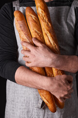 A man baker with a beard in a gray apron stands against a black background and holds, breaks, cuts off delicious, crispy bread, rolls, baguette