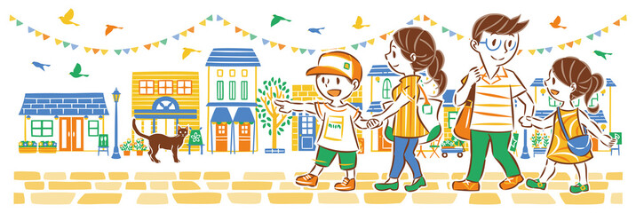 夏の街並み　買い物　旅行　家族