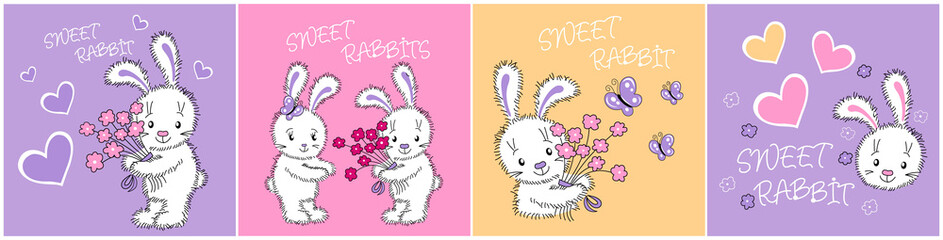 Set of cute rabbits in love cute drawing. Hand-drawn illustration