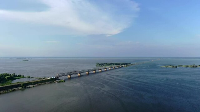 Aerial view of The bridge over the Dniper river, Cherkasy. Ukraine