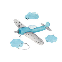 Watercolor child poster with cute plane and clouds. Funny aircraft, clouds for baby graphic suit printing. Greeting card design. Trendy print. Watercolor illustration.