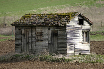 Eine alte Hütte aus Holz auf einem Acker