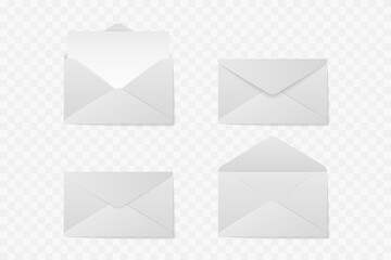Realistic blank paper envelopes. Open closed white letter mockup set isolated on transparent background. Vector illustration