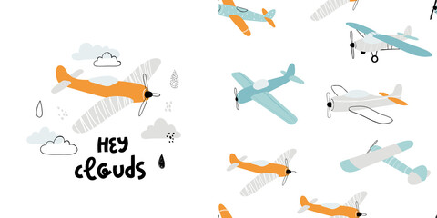Vector hand-drawn seamless repeating children simple pattern with aircraft in Scandinavian style on a white background.Kids seamless pattern with planes. Funny airplanes. © ZHUKO