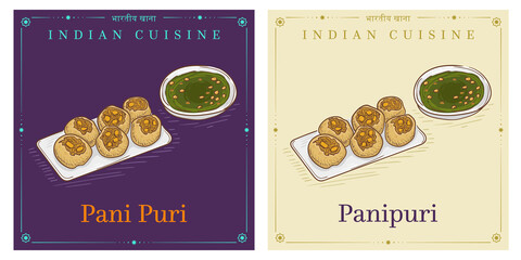 Panipuri or Pani Puri popular street food of India vintage retro illustration - obrazy, fototapety, plakaty