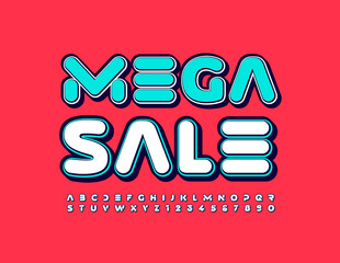 Vector promo poster Mega Sale. Futuristic cosmic Font. Stylish Alphabet Letters and Numbers set