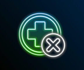 Glowing neon line Cross hospital medical icon isolated on black background. First aid. Diagnostics symbol. Medicine and pharmacy sign. Colorful outline concept. Vector