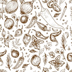 Spices garlic pepper vegetables herbs cooking vector graphics illustration by hand. Engraving print textile, menu recipe cooking food onion basil kitchen set patern seamless