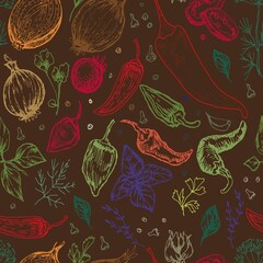 Spices garlic pepper vegetables herbs cooking vector graphics illustration by hand. Engraving print textile, menu recipe cooking food onion basil kitchen set patern seamless