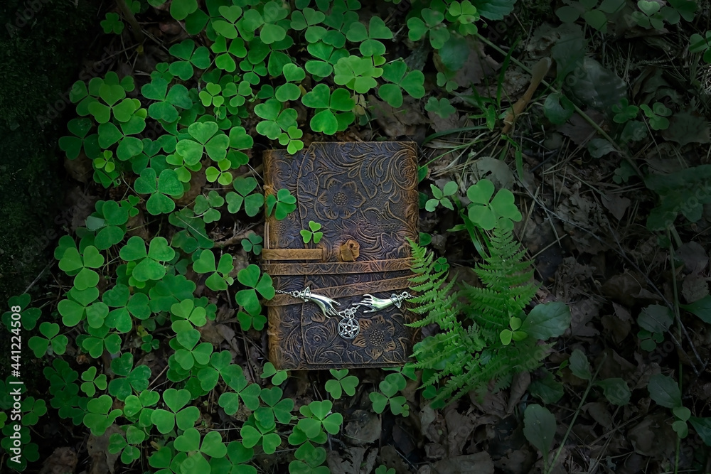 Sticker magic witch book and wiccan amulet with pentagram on forest natural dark background. Esoteric Ritual, spiritual witch practice. Mysticism, divination, modern wicca occultism concept. flat lay