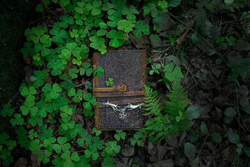magic witch book and wiccan amulet with pentagram on forest natural dark background. Esoteric...