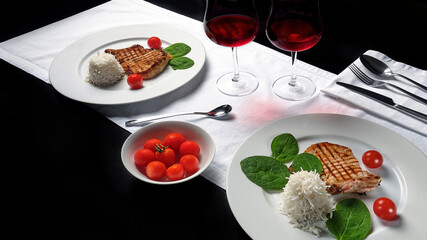 the table is set for two persons: chops with rice and cherry tomatoes, red wine in glasses, a white tablecloth on a black table