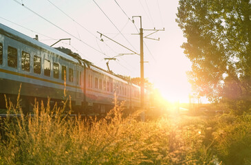 Fototapeta na wymiar Going electric train, grass stalks next to the railroad close up. passenger train on rail in summer sunny day. Summer travel, adventure and trip vacation atmosphere concept. copy space