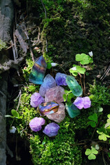 colorful mineral gemstones on natural forest background. Magic quartz stones for Crystal Ritual,...