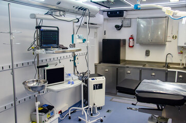 Inside Mobile Hospital. Operating room of the field hospital.