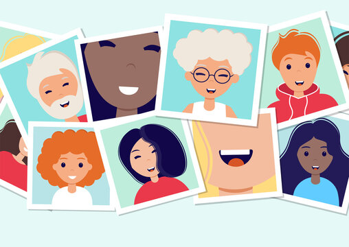 World smile day. Many pictures with smiling people of different nationalities. Photo frames on the table. Template for banner, postcard, card, invitation. Vector Illustration in flat style.