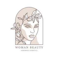 Face of a young woman, model. A wreath of plants on the head. Flowers and leaves in the hair. Beautiful girl with freckles. Logo design, sign. Organic cosmetics and skin care. Line art in minimalist