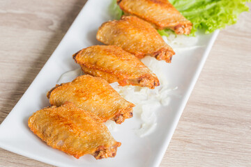 Fried chicken wings in white dish