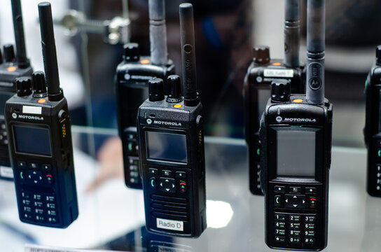 Kyiv, Ukraine - Jun 16, 2021: Digital portable radio stations Motorola
