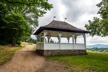 Fototapeta na wymiar Old pavilion at Fürstenlager Park during summer, Bensheim Auerbach, germany