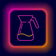 Glowing neon line Jug glass with water icon isolated on black background. Kettle for water. Glass decanter with drinking water. Colorful outline concept. Vector
