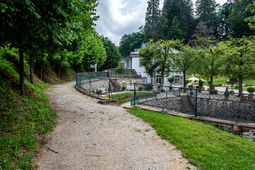 Village with old Buildings at Fürstenlager Park during summer, Bensheim Auerbach, germany