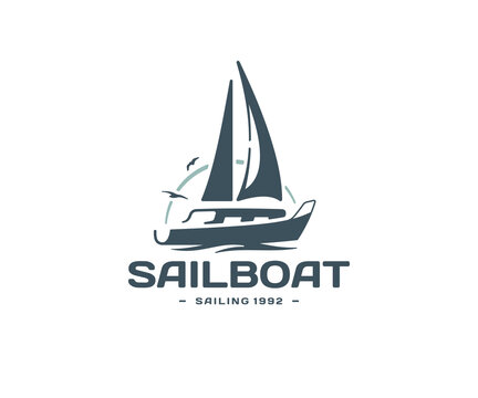 Sailing yacht logo design. Regatta on the background of birds and the sun vector design. Sea cruise logotype