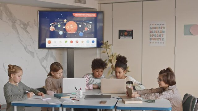Medium shot of group of multiethnic students sitting in circle in modern classroom studying on laptops and talking to each other with big TV set with picture of planets of solar system in backgroundMe