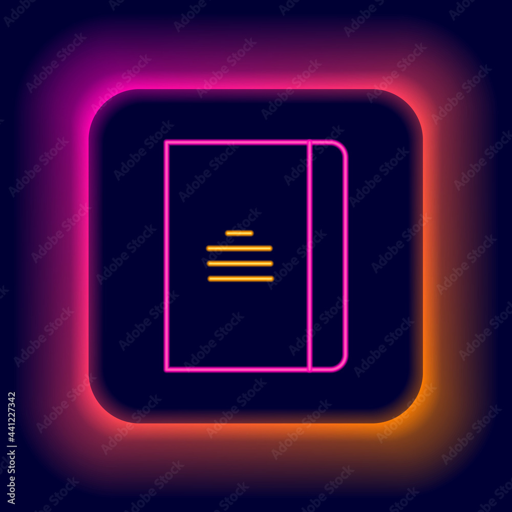 Sticker Glowing neon line Notebook icon isolated on black background. Spiral notepad icon. School notebook. Writing pad. Diary for school. Colorful outline concept. Vector