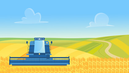 Farm harvester working, harvesting wheat from countryside yellow cereal farmland field vector illustration. Cartoon agricultural farmer combine machine cuts crop, agriculture technology background © lembergvector