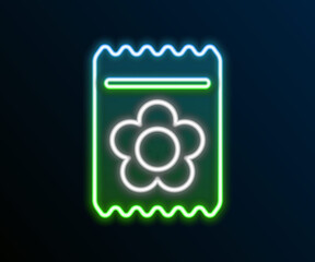 Glowing neon line Pack full of seeds of a specific plant icon isolated on black background. Colorful outline concept. Vector