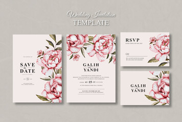 wedding invitation set template with peony flowers watercolour © StwStudio