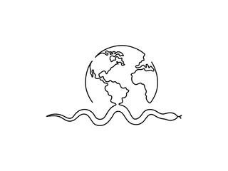 One continuous line drawing world concept. Simple planet and snake. The minimalist design of minimalism is isolated on white background.