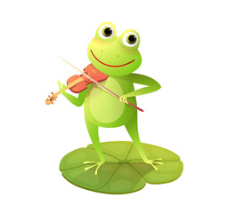 Frog or toad playing violin on the waterlily pod, fun animal concert cartoon for kids with frog violinist playing musical instrument. Vector illustration for children.