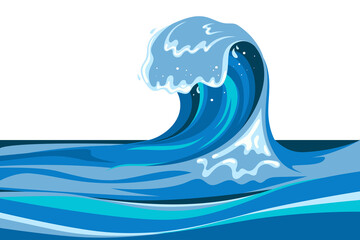 Tsumani wave background in flat cartoon style. Big blue tropical water splash with white foam. Vector illustration