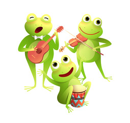 Funny frogs concert singing and playing musical instruments, happy toads or frogs playing drums violin and guitar isolated on white. Vector illustration for children in watercolor style.