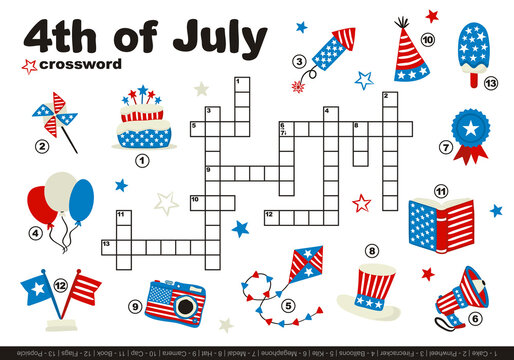 USA crossword for kids. Children's smart game with cartoon objects. Set of hand drawn elements in the national colors of the United States of America. Vector illustration for 4th of July