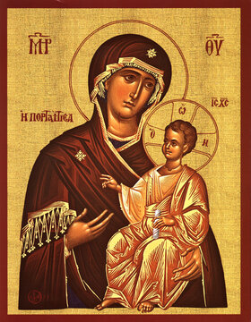 Icon of Madonna Mother of God (Mary) and child (Jesus Christ) on mahogany and gold, from Romanian Monastery, Neamt county.    