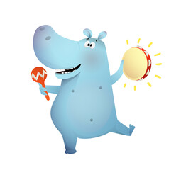 Hippopotamus playing tambourine and maracas and dancing, funny smiling hippo playing music having fun. Kids music and dance festival cartoon. Vector illustration for children in watercolor style.