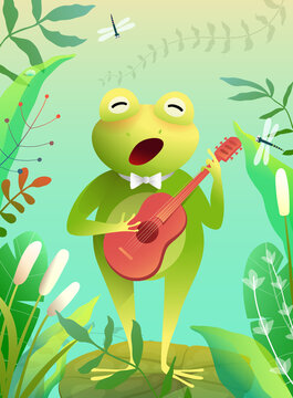 Cute baby frog playing quitar or singing a song standing on the waterlily in a pond or swamp. Musical party frog or toad for kids. Vector swamp scenery illustration for children in watercolor style.