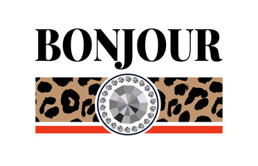 Decorative BONJOUR HELLO slogan Text with Leopard Skin Background