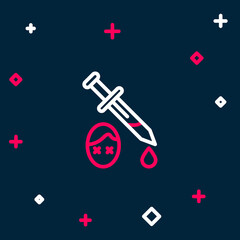 Line Sword with blood icon isolated on blue background. Medieval weapons knight and soldier. Symbol of murder. Colorful outline concept. Vector