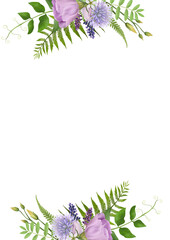 Romantic vertical frame of hand-drawn forest green fern leaves and delicate pink roses, lavender and cute tiny flowers. Adorable border of greenery isolated on white for greentings, invitations, decor
