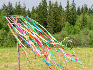 Satin ribbons fluttering in the wind on a Maypole against forest background in sunny day....